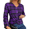 Women's purple plaid casual shirt with regular sleeves on hanger