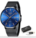 Men's stainless steel watch with 40mm dial on 24cm strap in black, blue, or black blue colours