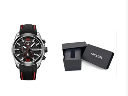 Multifunctional sports watch with black silicone strap, 46mm dial, and mineral glass face