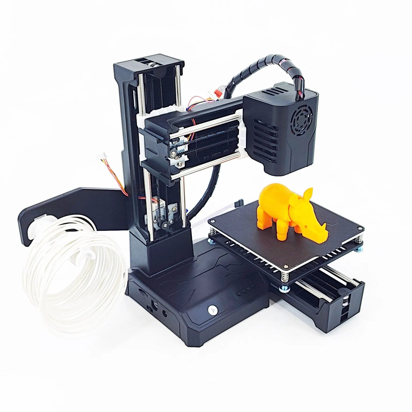 K9 New Mini desktop 3D printer in black or blue with 100x100mm print bed and region-specific power plug.