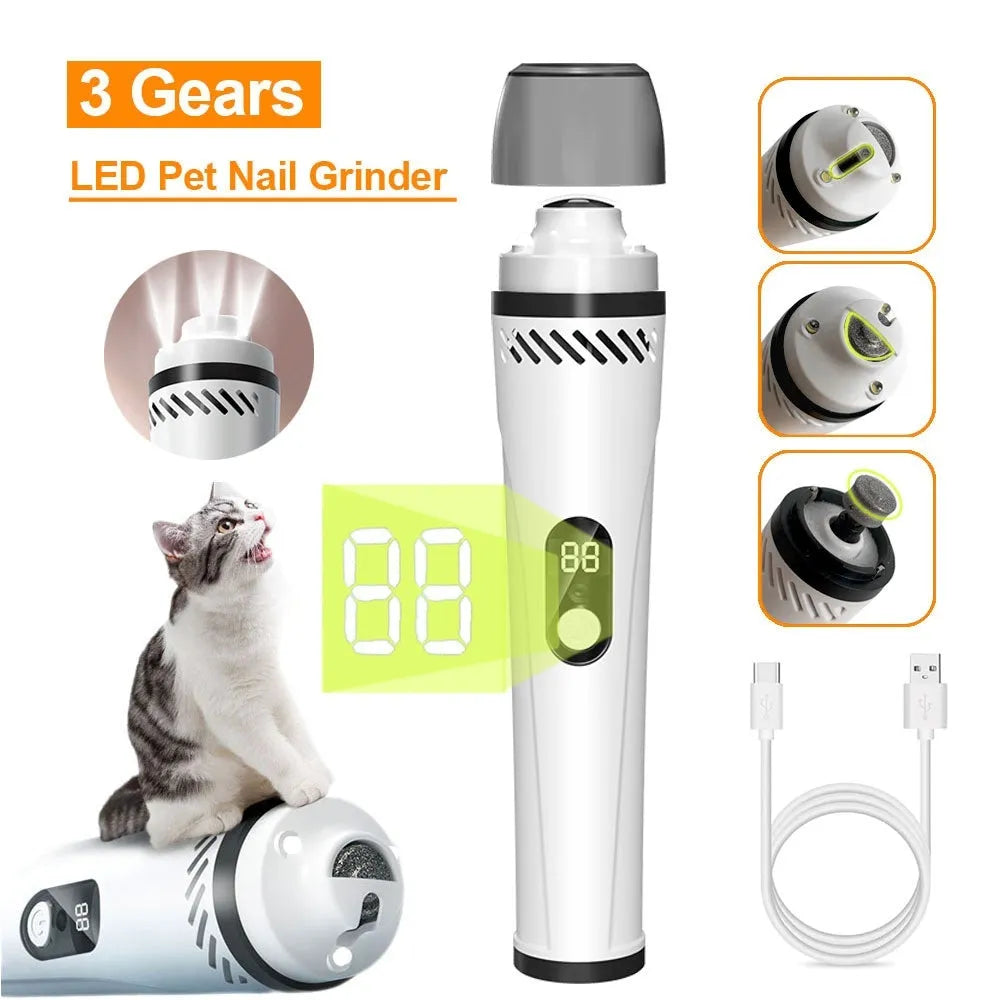 Electric dog nail grinder with LCD screen showing speed settings, UK plug, and dust collection port.