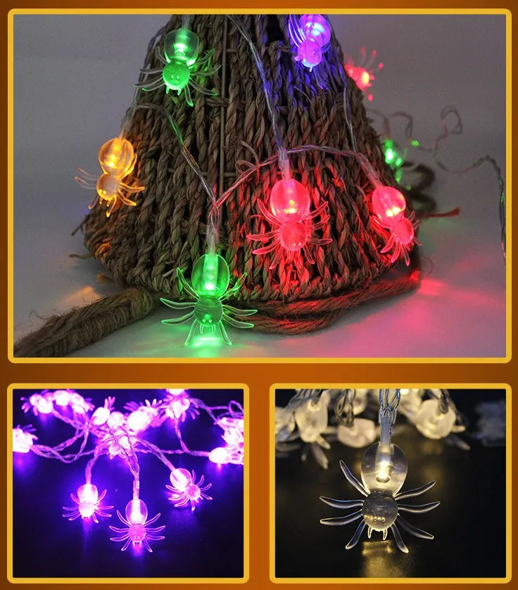 Halloween LED string lights with pumpkin, bat and ghost decorations showing colour changing illumination