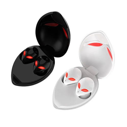 Creative Outer T8 Starman Alien design Bluetooth earbuds with red lighting in charging case.