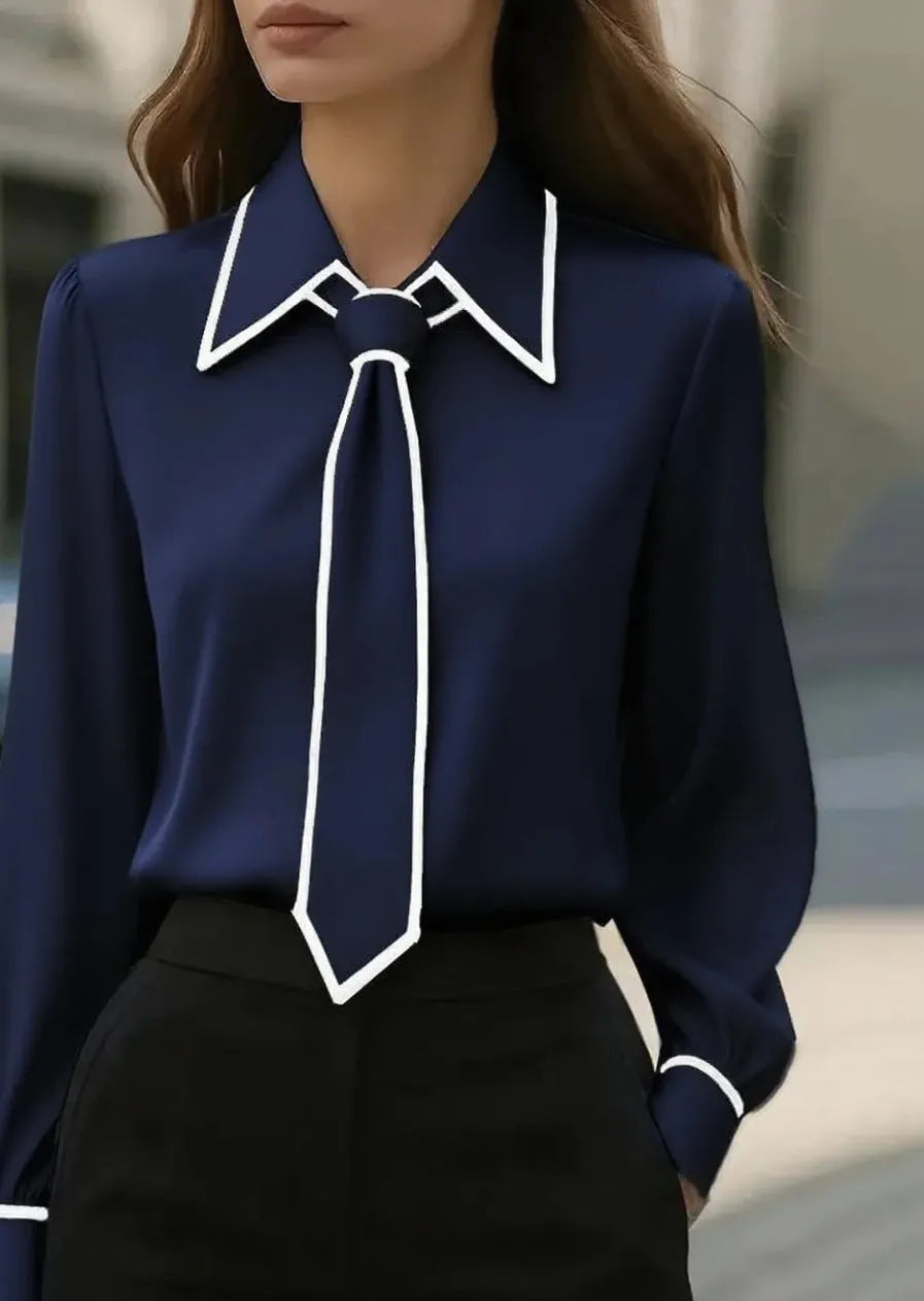 Women's solid colour satin polyester tie front long sleeve pullover shirt in khaki, front view