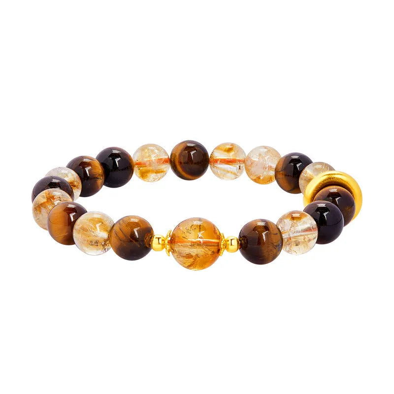 Crystal tigereye beaded bracelet for women, 8mm beads, sterling silver, dome tiger colour, on wrist