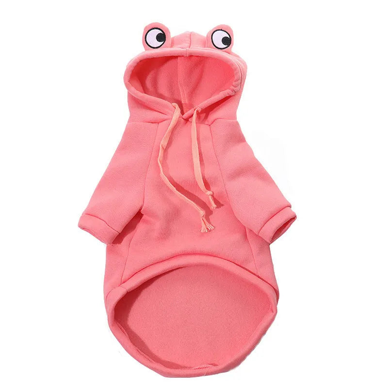 Green frog costume hoodie on small dog with size measurement diagram