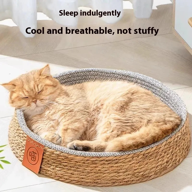 Rattan woven cat bed or nest for pets, shown in a neutral colour, suitable for small to extra-large cats.
