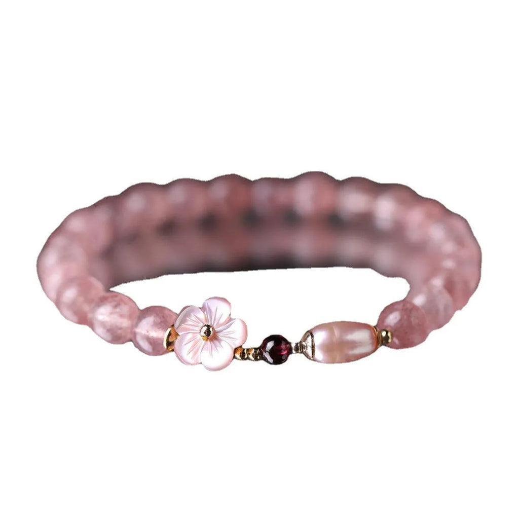 Strawberry quartz crystal bracelet with peach blossom flower design for women's casual wear