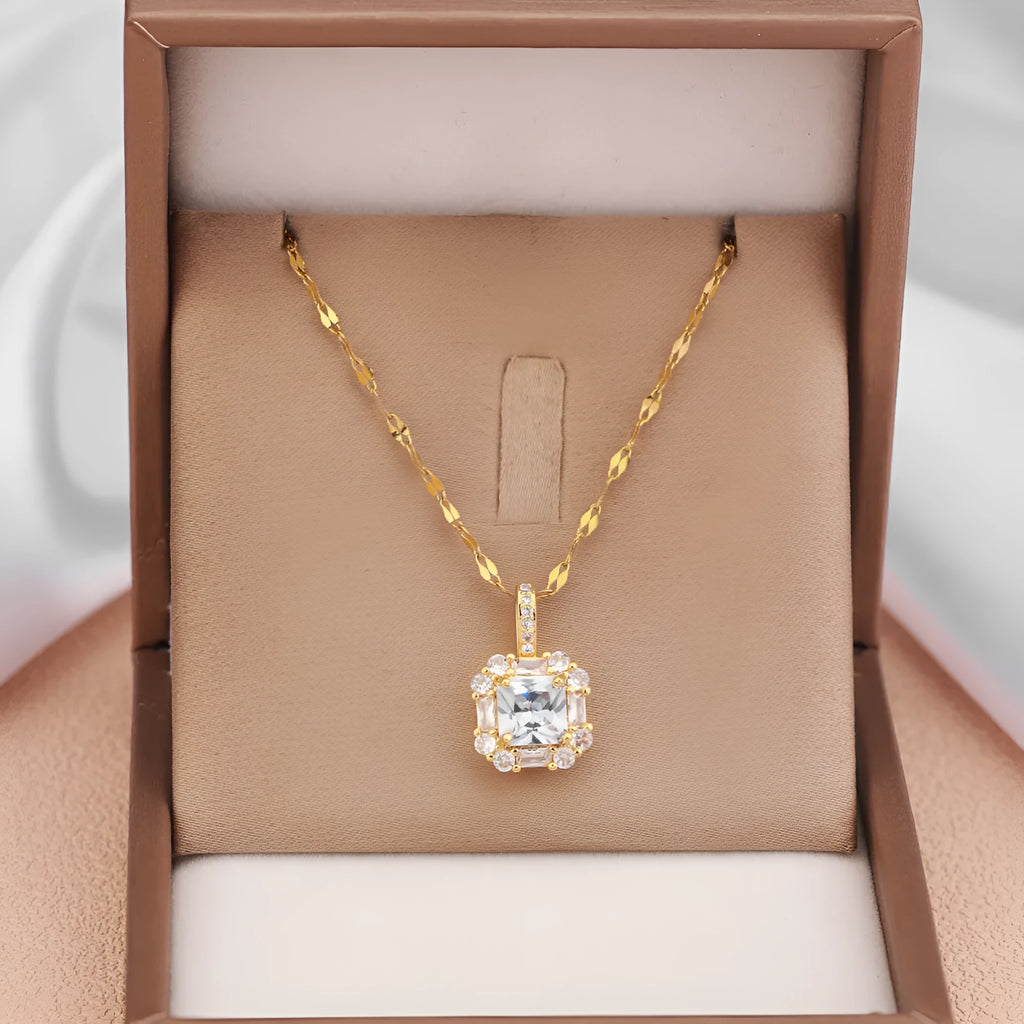 Women's geometric titanium steel clavicle chain with mixed gemstone inlay and gold finish