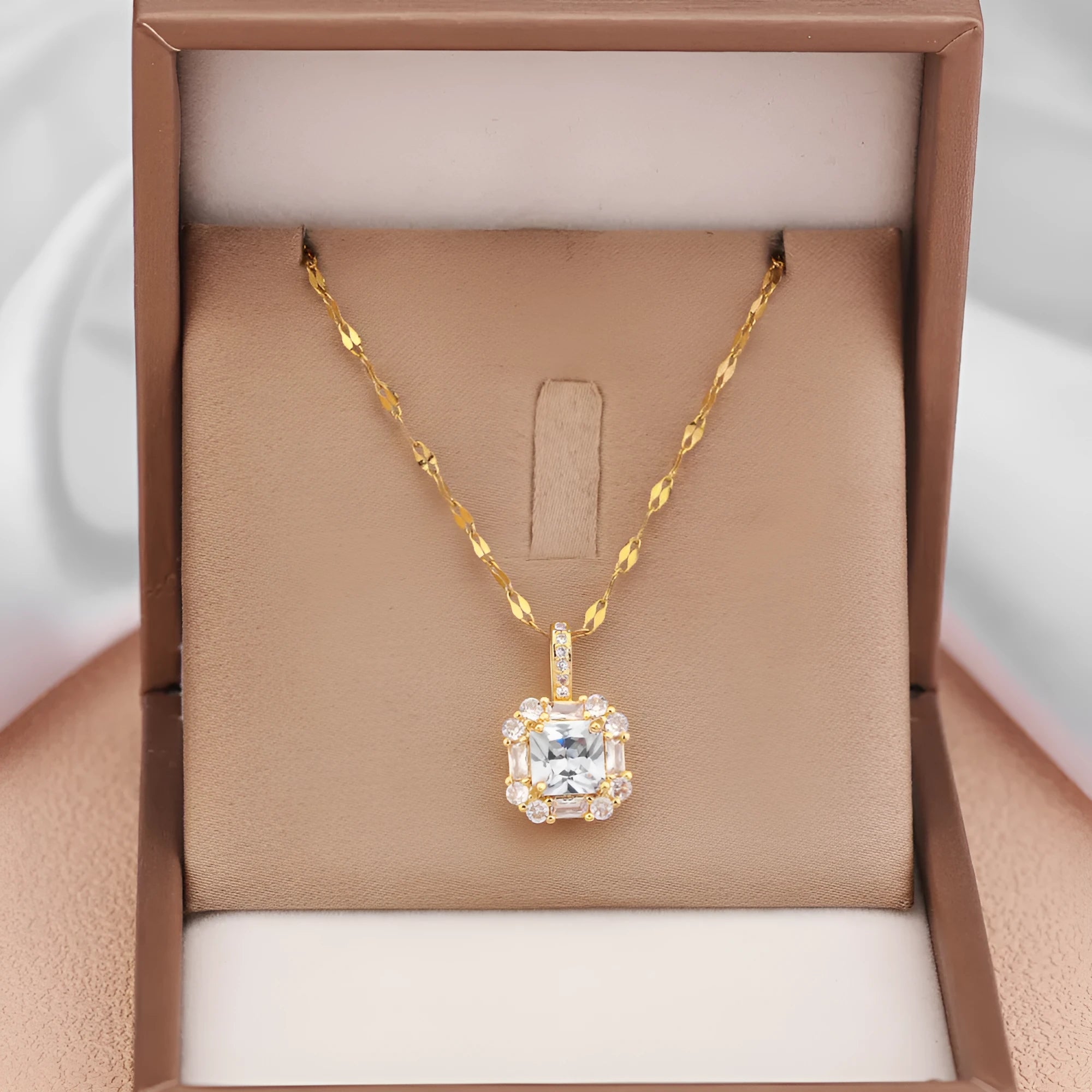 Women's geometric titanium steel clavicle chain with mixed gemstone inlay and gold finish