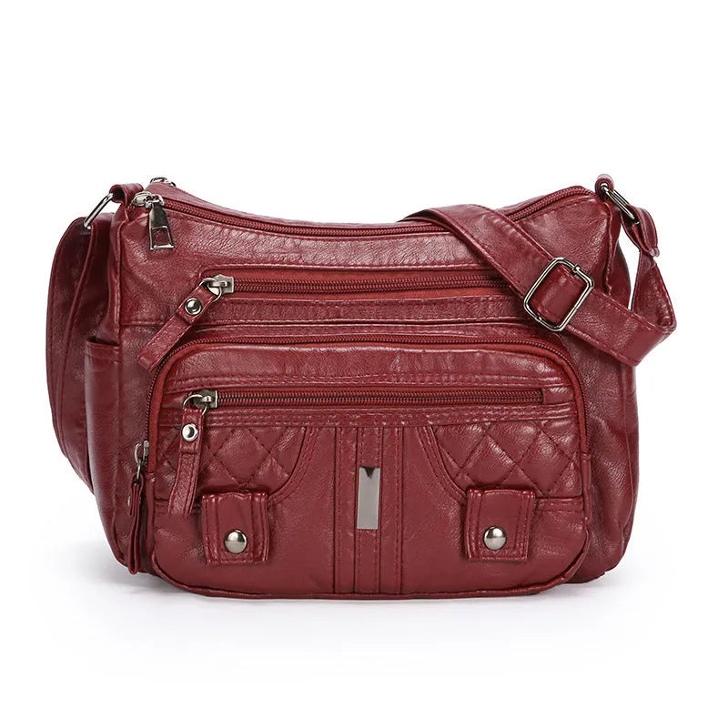 New washed PU shoulder messenger bag in horizontal square shape with three-dimensional pocket, 26x19x8cm