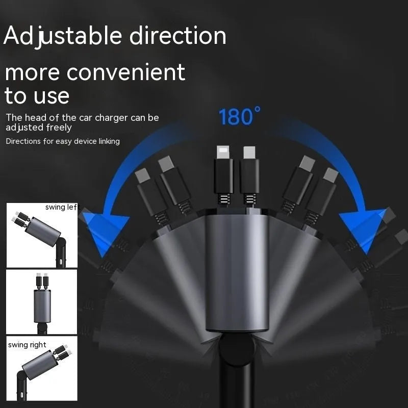 Automatic retractable car charger plugged into a vehicle cigarette lighter socket with extended cable.