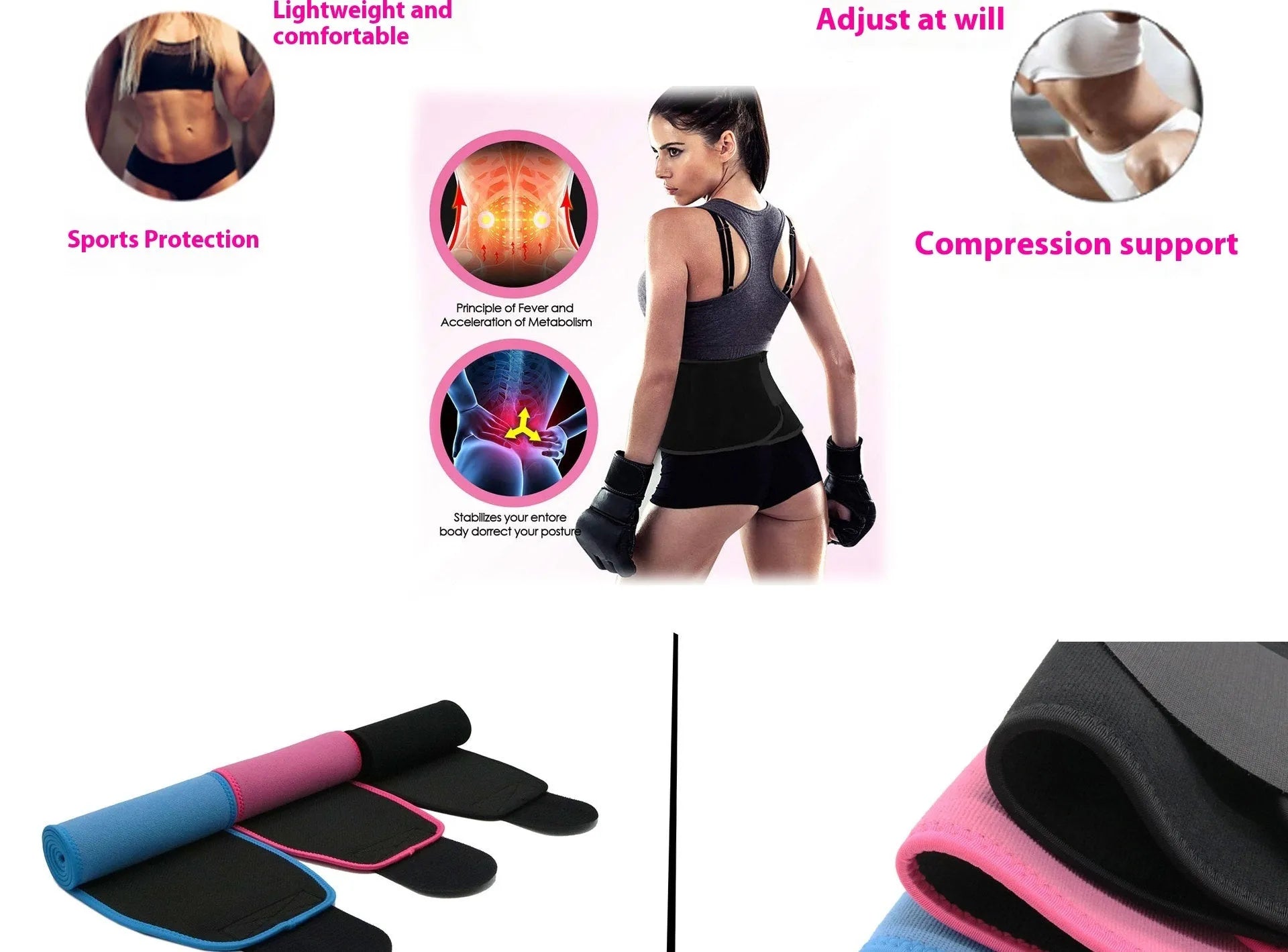 Neoprene hot lumbar support belt for fitness and running in black, blue or pink colours