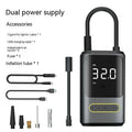 Handheld wireless digital display air pump with LED light shown inflating a car tyre