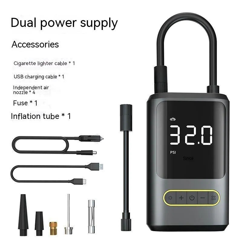 Handheld wireless digital display air pump with LED light shown inflating a car tyre