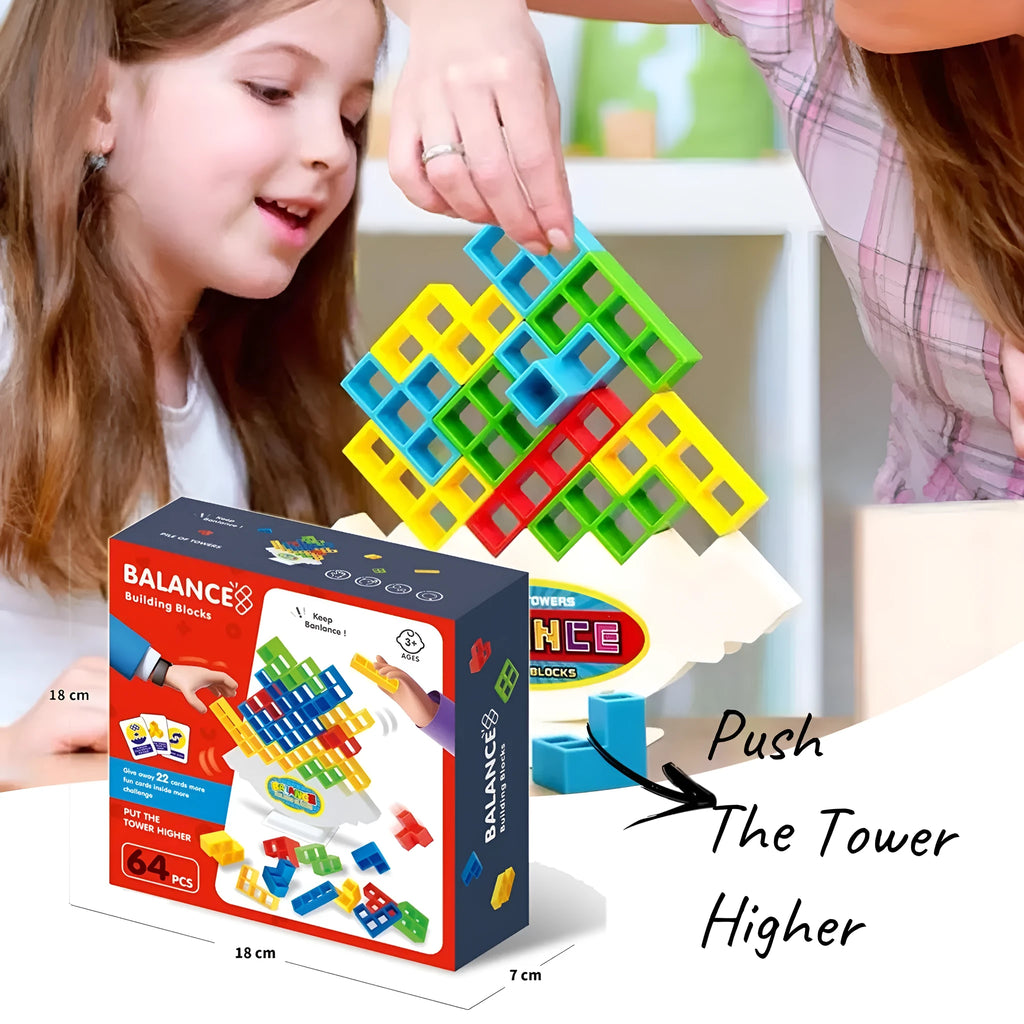Plastic balance stacking board game with 16 coloured building blocks, chassis, and base on table.