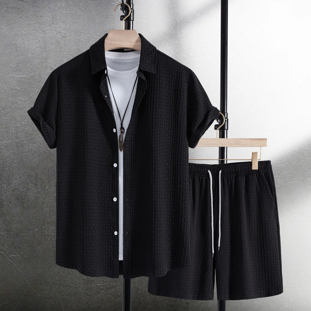 Men's cotton blend beach shorts set with loose cardigan shirt and matching shorts