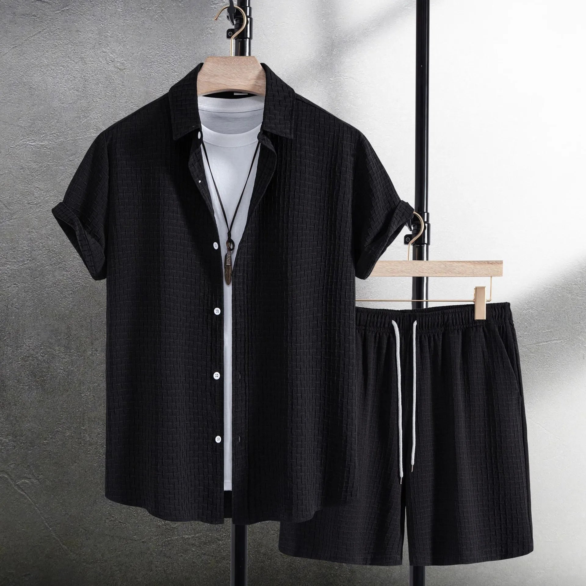Men's cotton blend beach shorts set with loose cardigan shirt and matching shorts