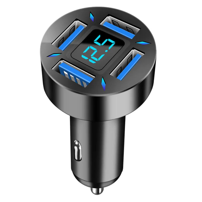 Four-port USB car charger with QC3.0 fast charging and LED voltage display for vehicles.