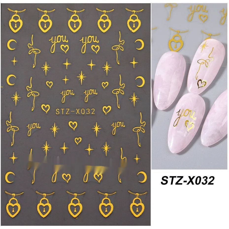 Pack of black and silver strip nail art stickers with cartoon and love pattern designs.