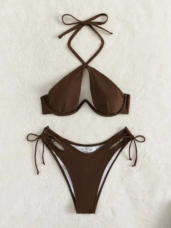 Women's solid colour halter bikini swimsuit in brown, blue or black options