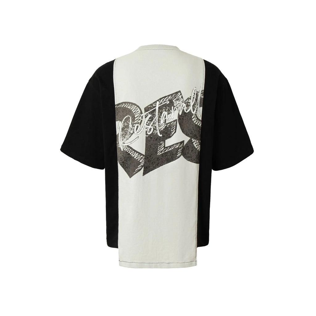 Black and white broken collage deconstruction print on a loose fit cotton blend t-shirt