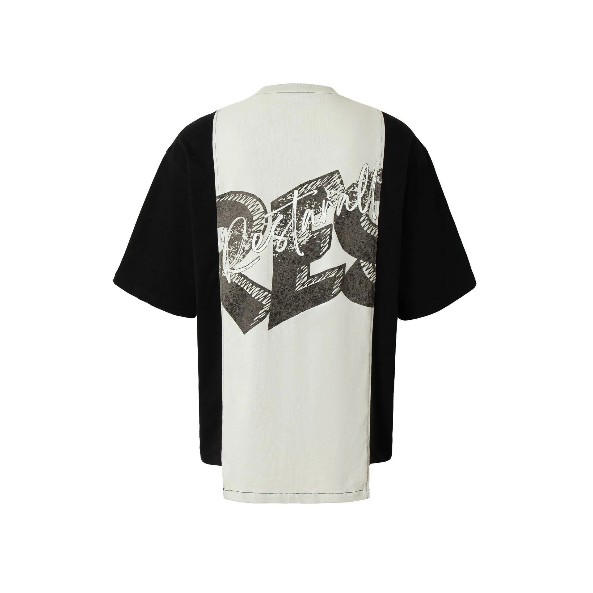 Black and white broken collage deconstruction print on a loose fit cotton blend t-shirt