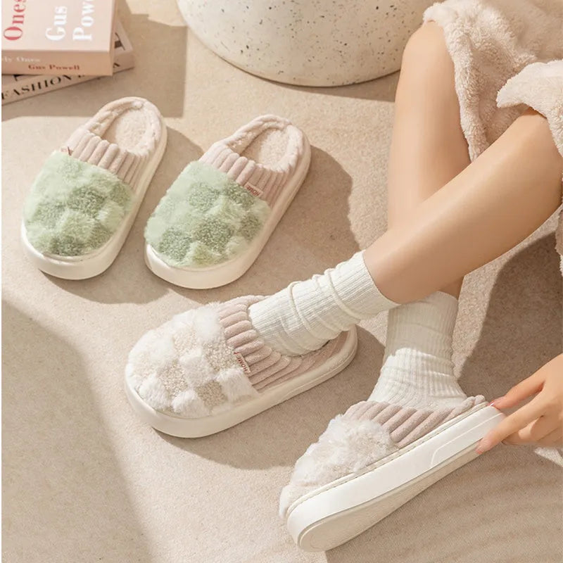 Women's plush indoor slippers in grey with coral velvet upper and flat PVC sole.