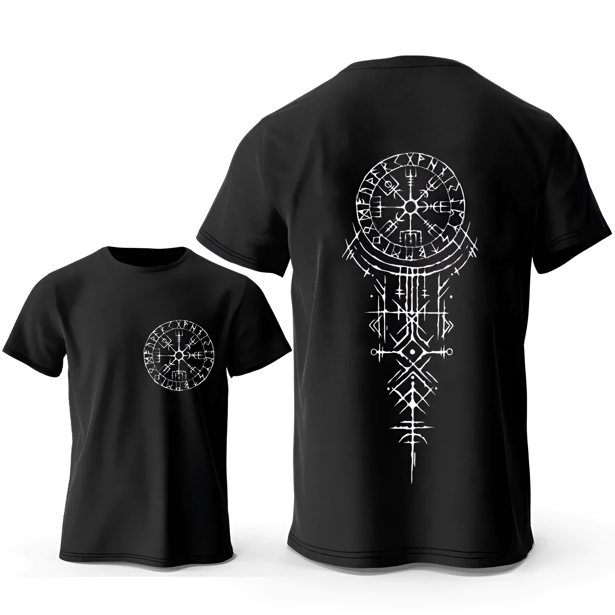 Men's cotton T-shirt with Viking rune compass graphic design in multiple colour options