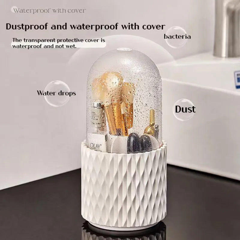 White rotating transparent makeup brush storage tube with dust cover lid on desktop