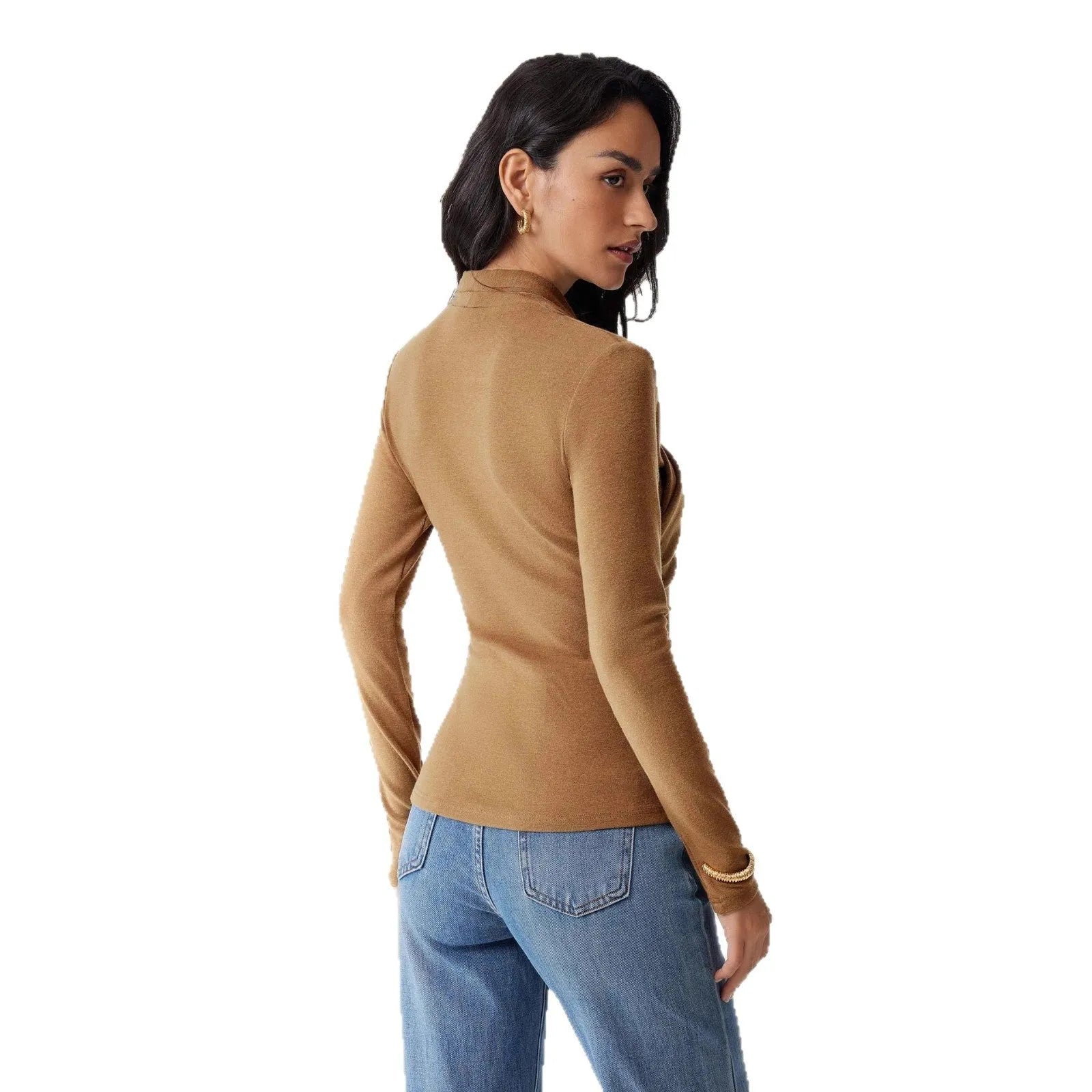 Women's camel colour slim fit pullover sweater with long sleeves