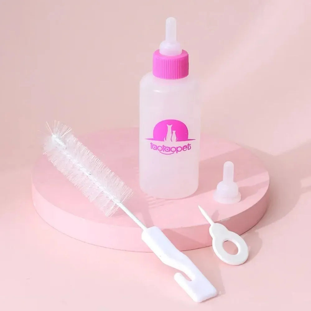 Set of four coloured pet milk bottles with a cleaning brush for feeding newborn puppies and kittens.