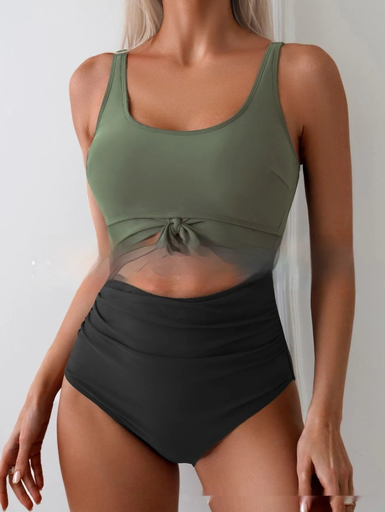 One-piece women's swimsuit with contrast colour straps, covered belly, sleeveless, solid colour, sizes S to XXL