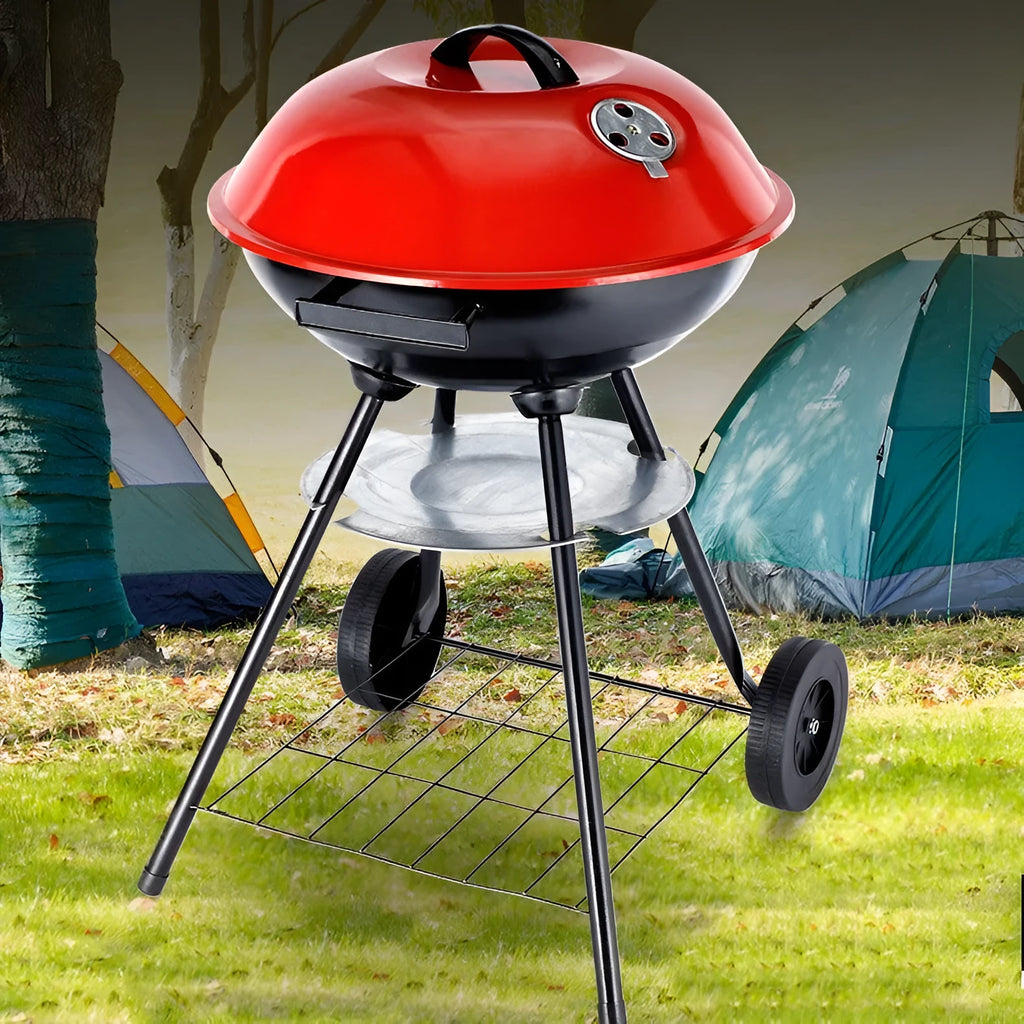 Portable iron barbecue grill with 14-inch cooking surface and modern minimalist design
