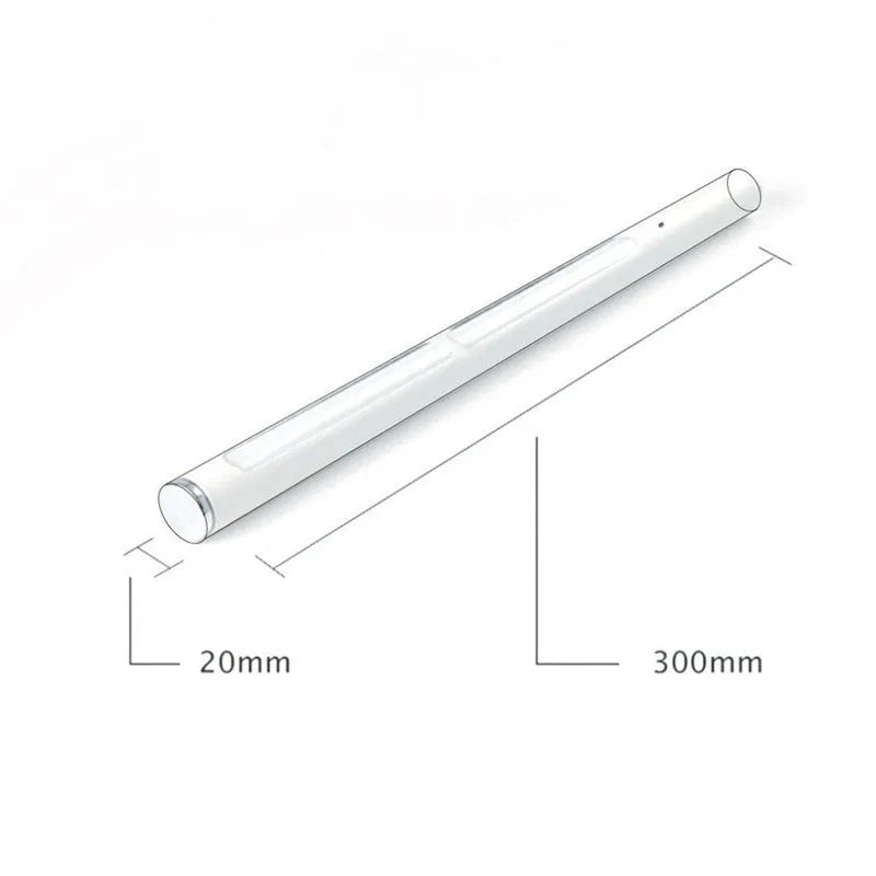 Silver handheld UV disinfection stick on white background, USB rechargeable, 20x300mm, PC aluminium construction