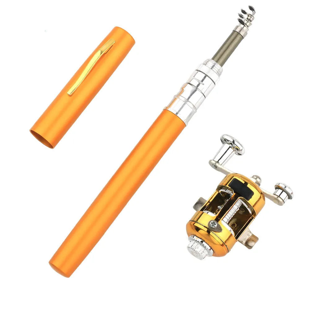 Gold telescopic fishing rod extended to 1 metre with ST5RL drum alongside collapsed rod in aluminium case