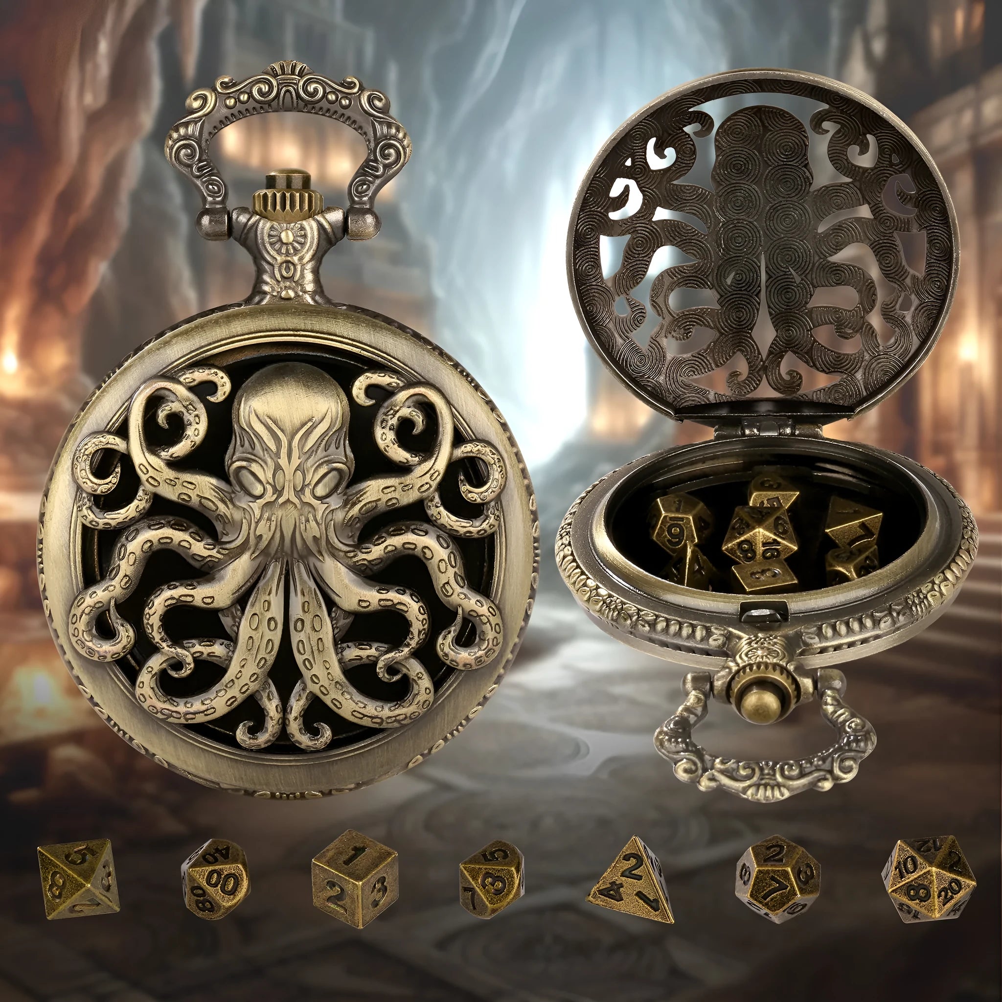 Thick chain octopus pocket watch dice set with seven mini polyhedral metal dice in zinc alloy holder