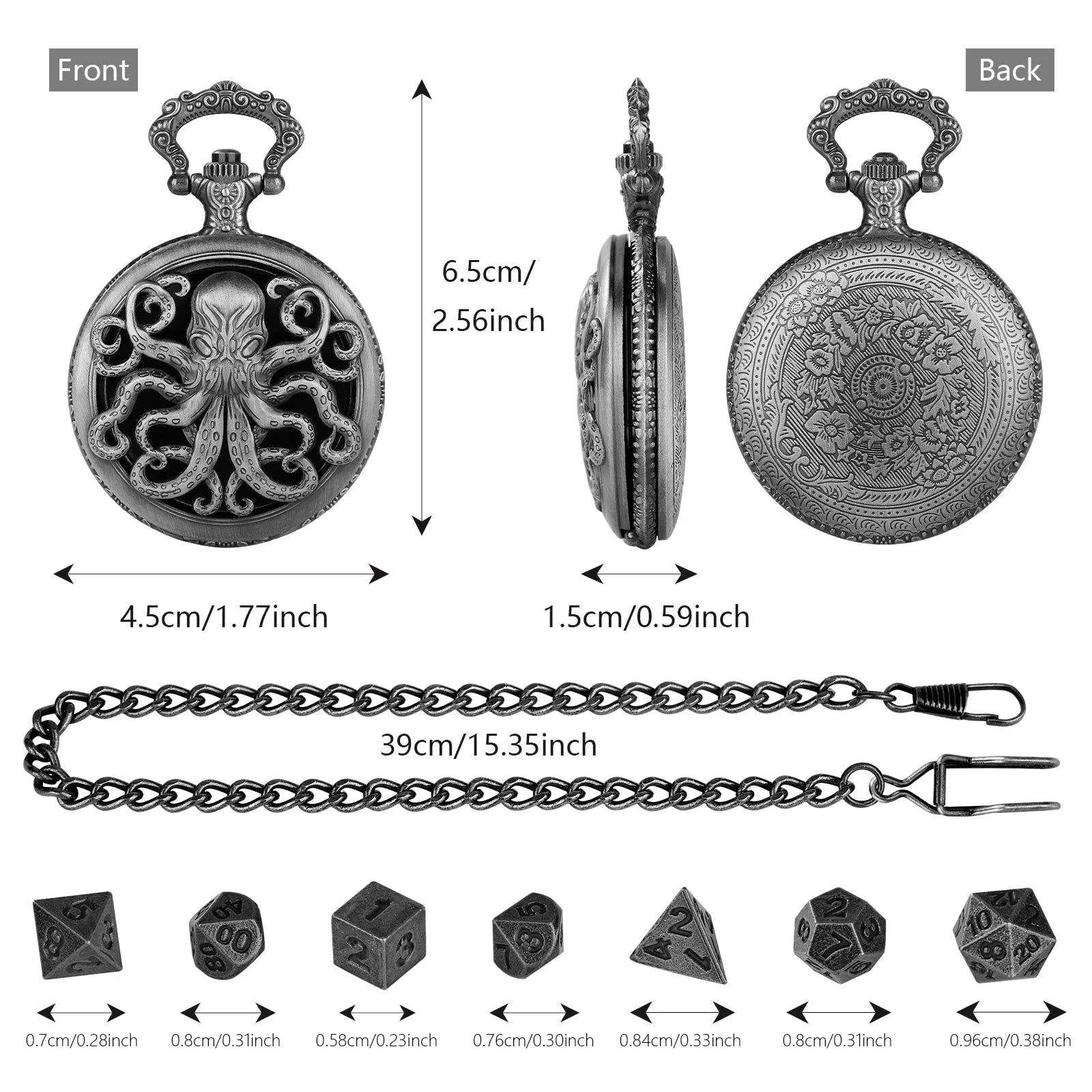 Thick chain octopus pocket watch dice set with seven mini polyhedral metal dice in zinc alloy holder