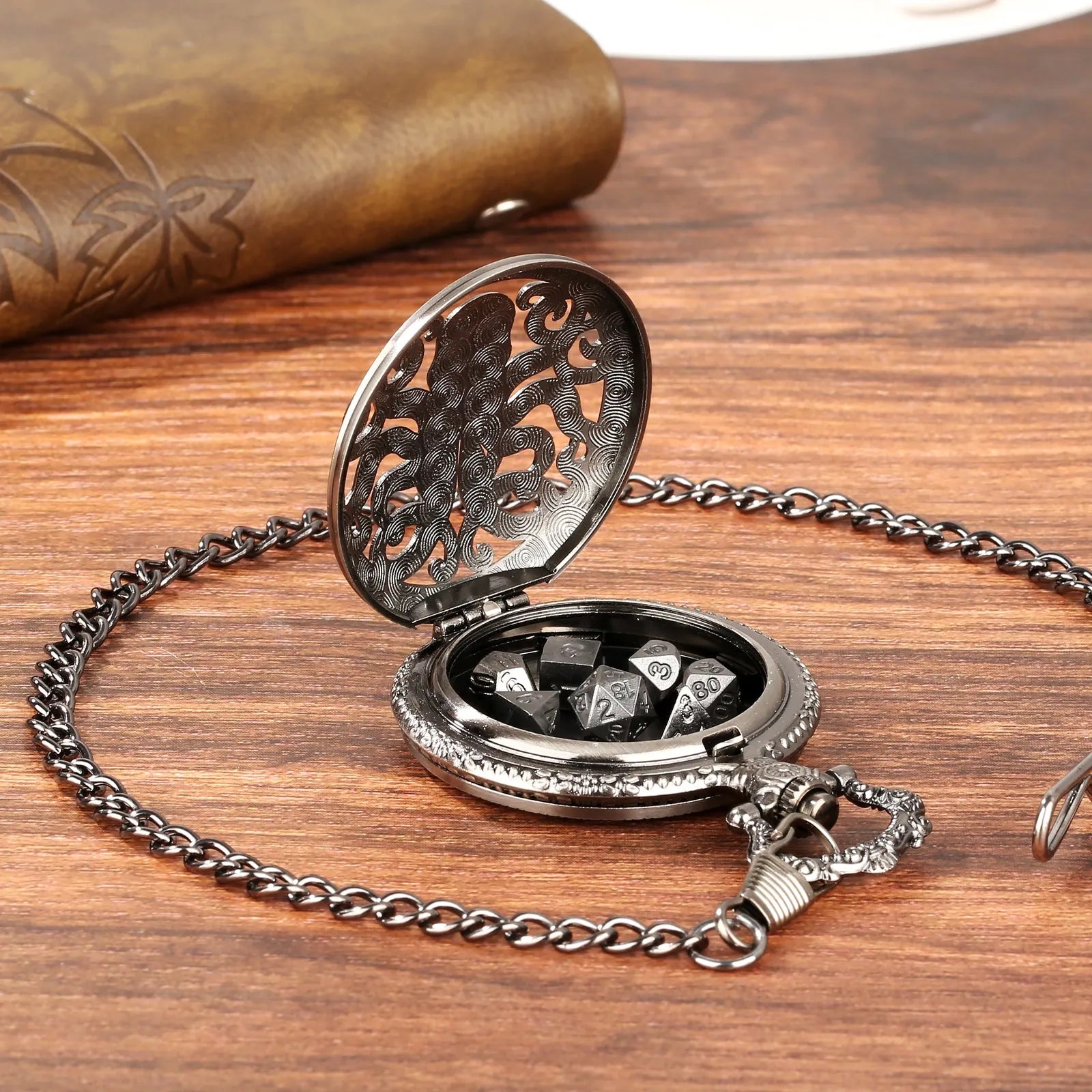 Thick chain octopus pocket watch dice set with seven mini polyhedral metal dice in zinc alloy holder
