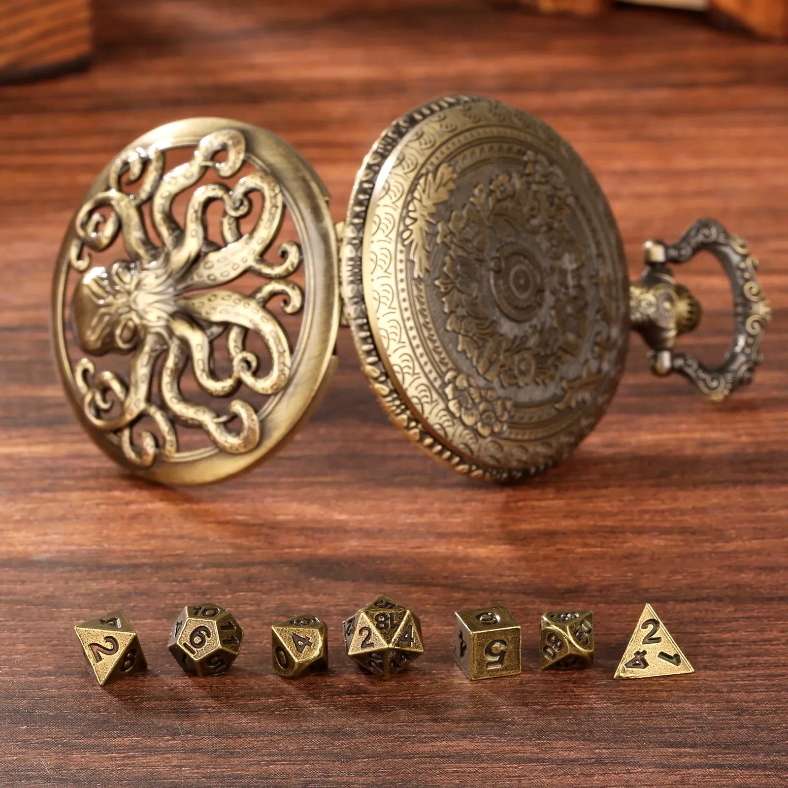 Thick chain octopus pocket watch dice set with seven mini polyhedral metal dice in zinc alloy holder