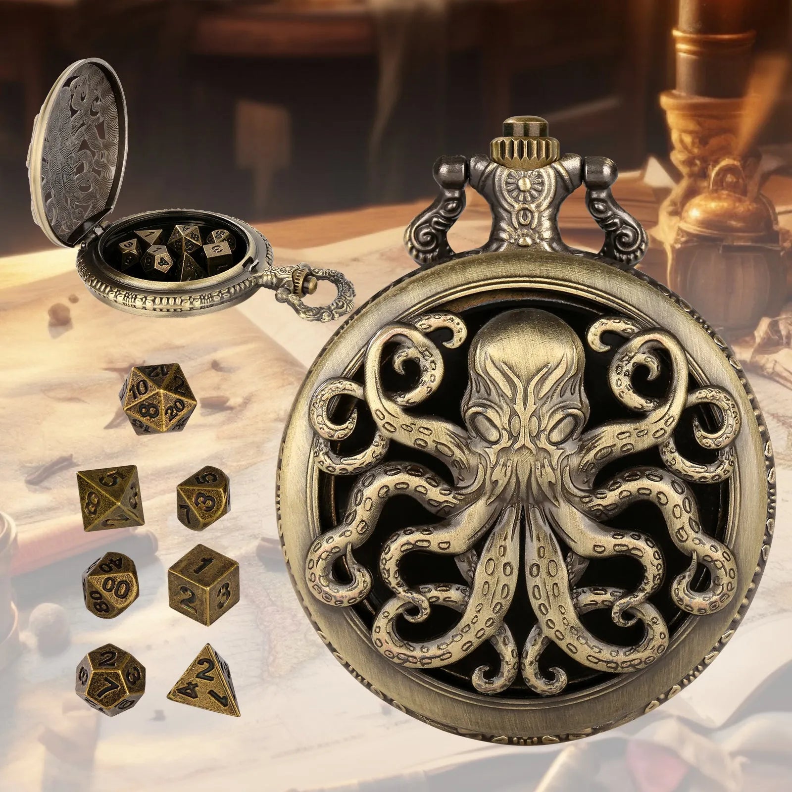 Thick chain octopus pocket watch dice set with seven mini polyhedral metal dice in zinc alloy holder