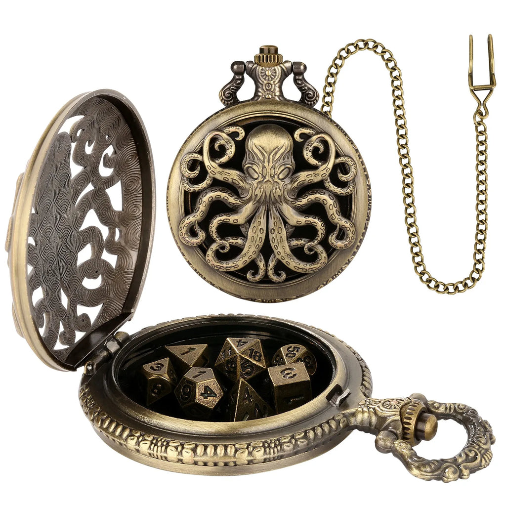 Thick chain octopus pocket watch dice set with seven mini polyhedral metal dice in zinc alloy holder