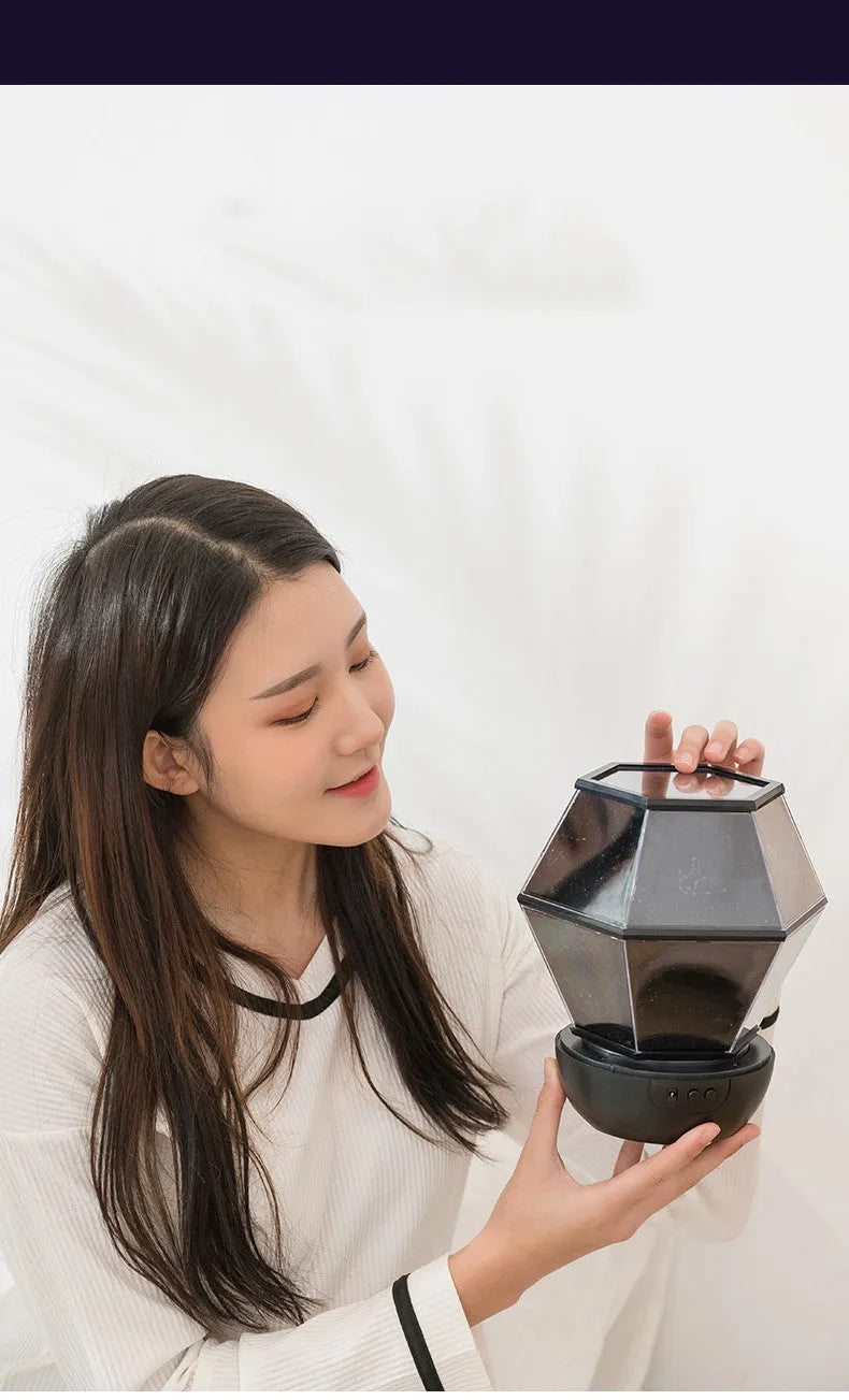 Children's rotating stars LED night light projecting coloured starlight on a wall.