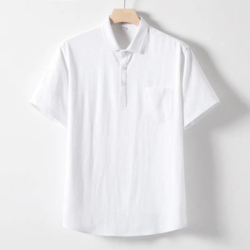 Men's loose lapel linen blend T-shirt in optic linen, black, or white.