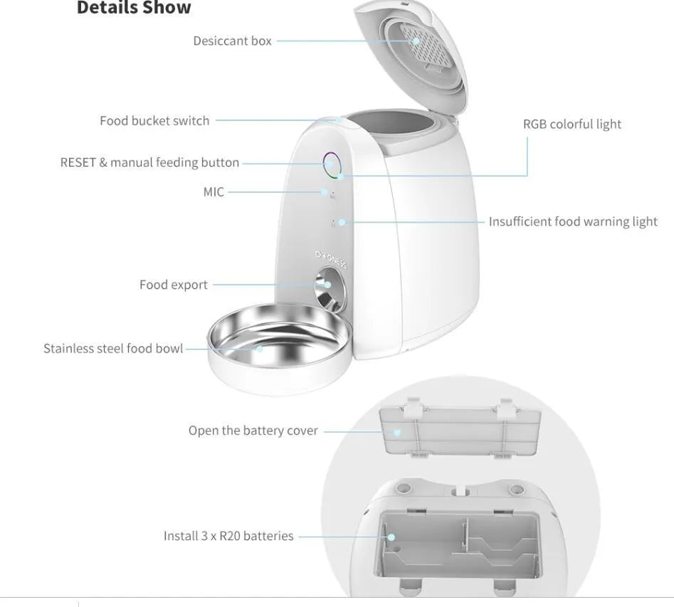 2L automatic WiFi smart pet feeder with stainless steel bowl for small dogs and cats