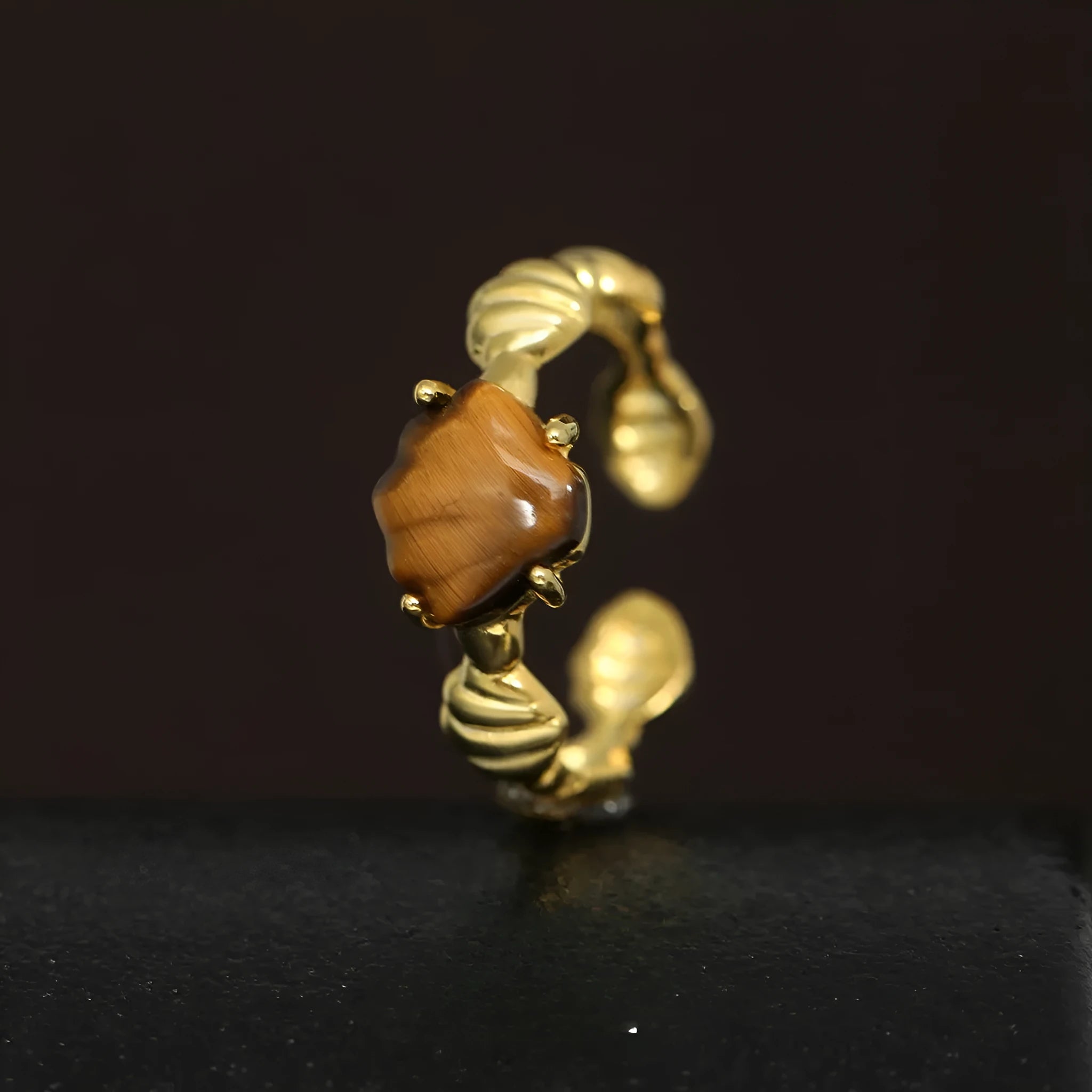 Adjustable silver ring with carved shell tiger eye motif in white gold or 18K gold electroplating