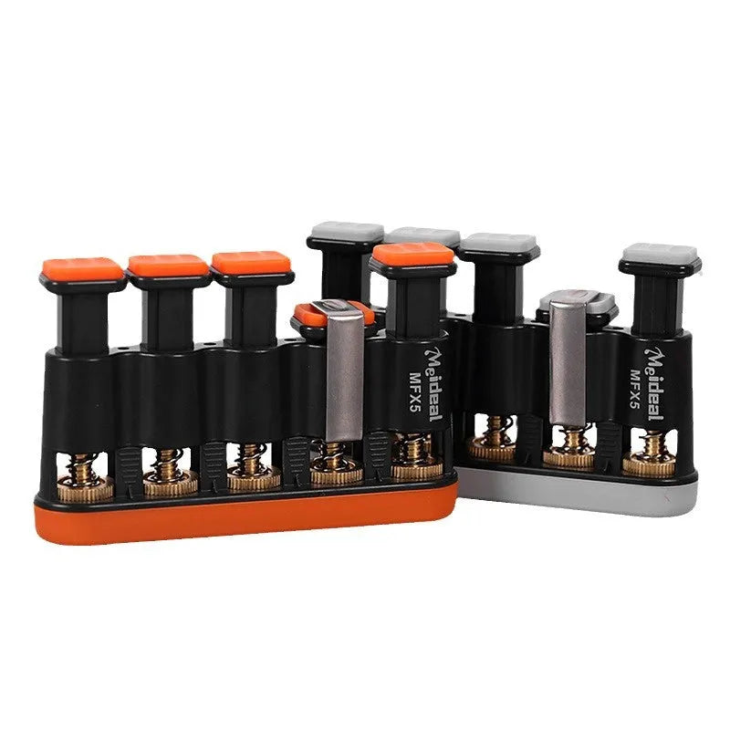 Grey and orange silicone finger trainer for hand muscle development.