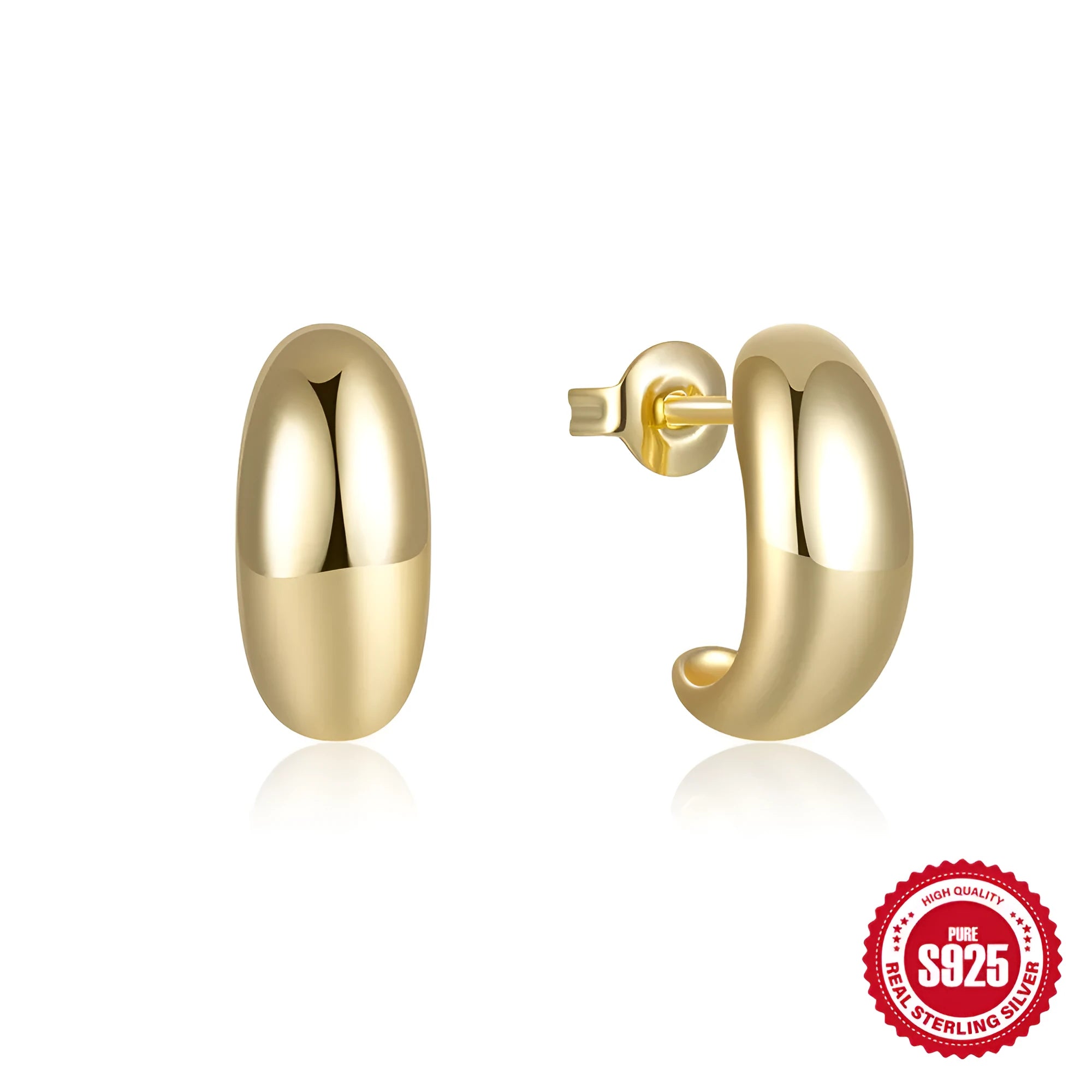 C-shaped 925 sterling silver ring stud earrings with glossy electroplated finish in gold or white gold colour options