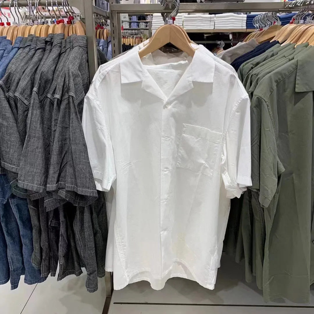 Men's beige modal cotton open collar casual shirt with Japanese Korean styling