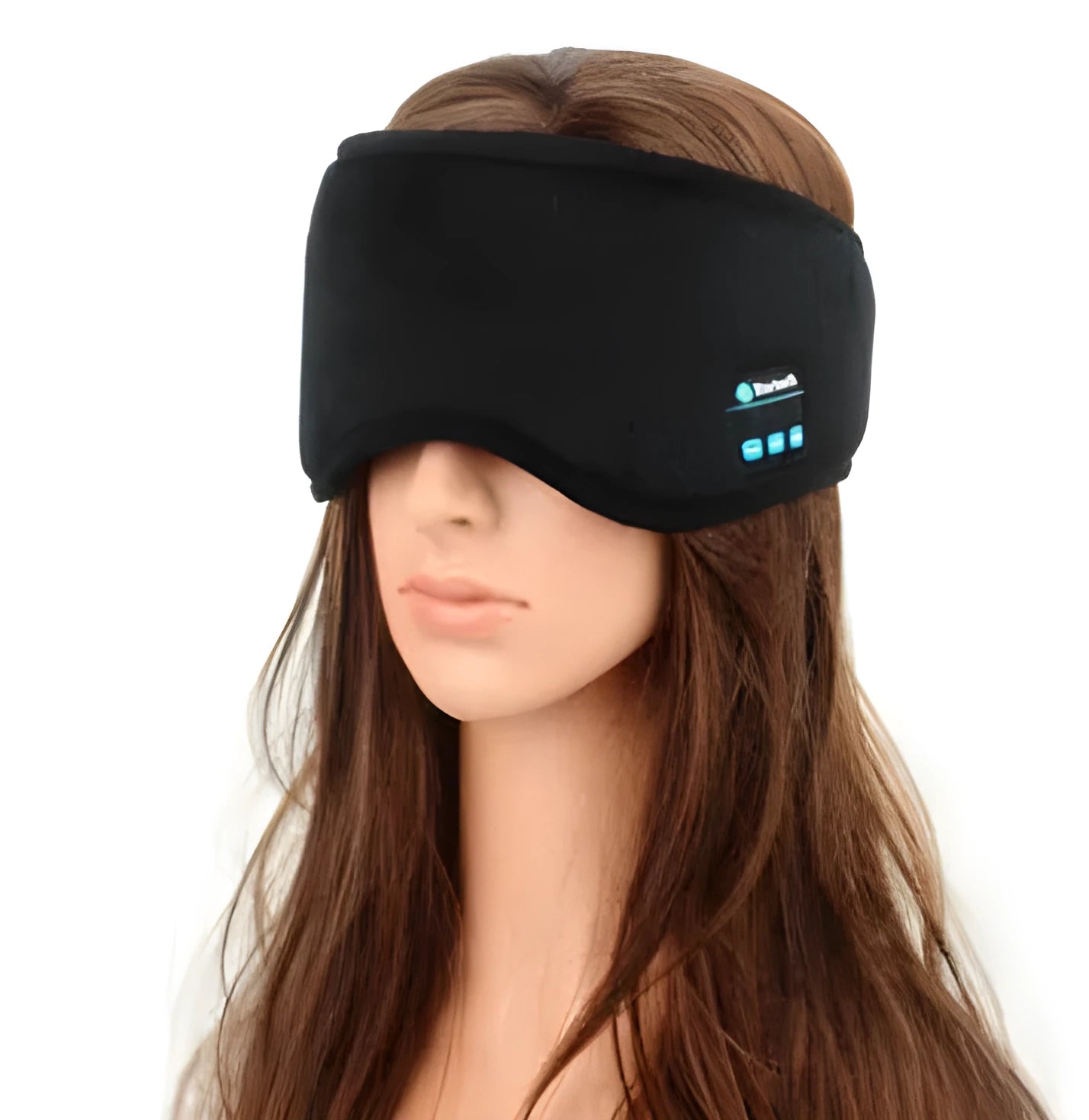 Black Bluetooth sleep mask with integrated wireless headphones for music listening and blackout.
